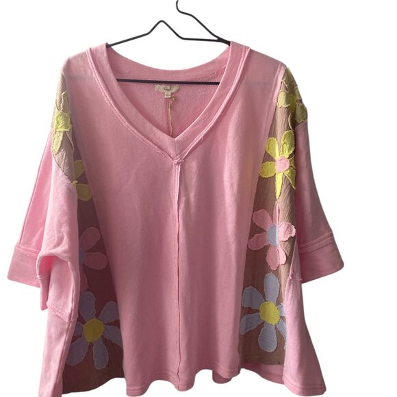 EASEL Daisy Patch, Mineral Wash, Pullover, Malibu Pink, NWT - Picture 1 of 5